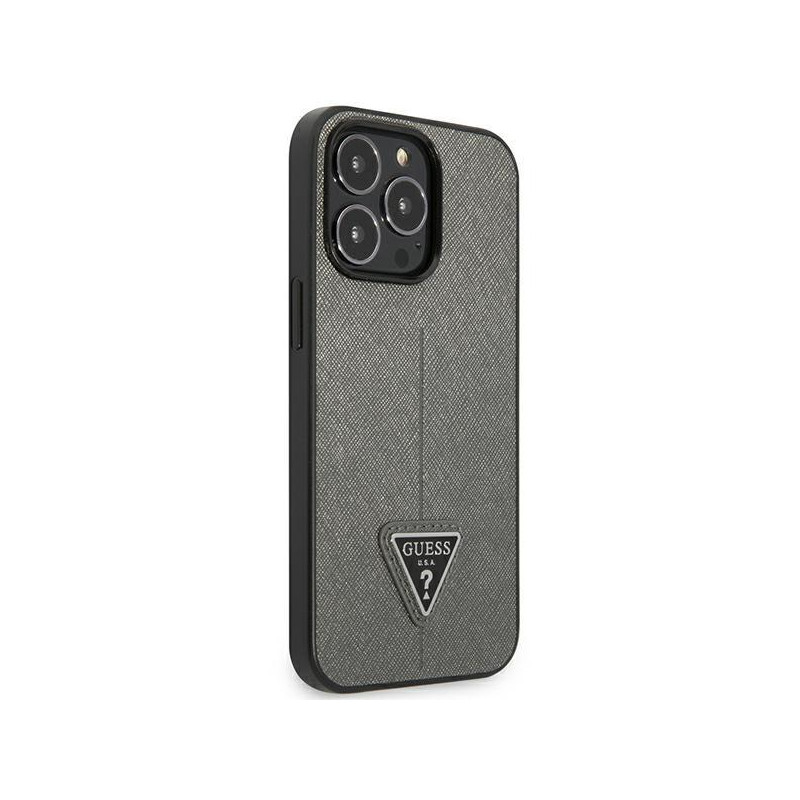 Guess Saffiano Triangle Logo dėklas iPhone 14 Pro - sidabrinis