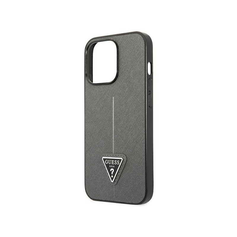 Guess Saffiano Triangle Logo dėklas iPhone 14 Pro - sidabrinis