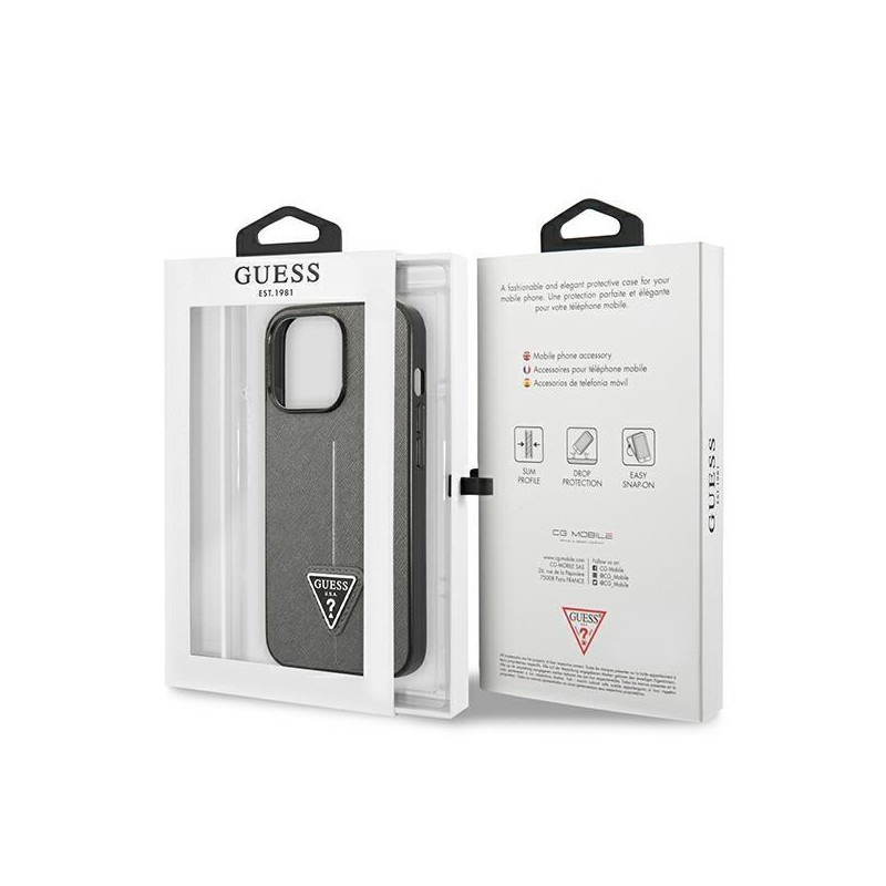 Guess Saffiano Triangle Logo dėklas iPhone 14 Pro - sidabrinis