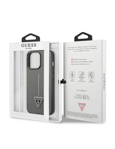 Guess Saffiano Triangle Logo dėklas iPhone 14 Pro - sidabrinis Guess Saffiano Triangle Logo dėklas iPhone 14 Pro - sidabrinis
