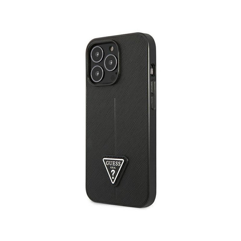 Guess Saffiano Triangle Logo dėklas, skirtas iPhone 14 Pro - juodas