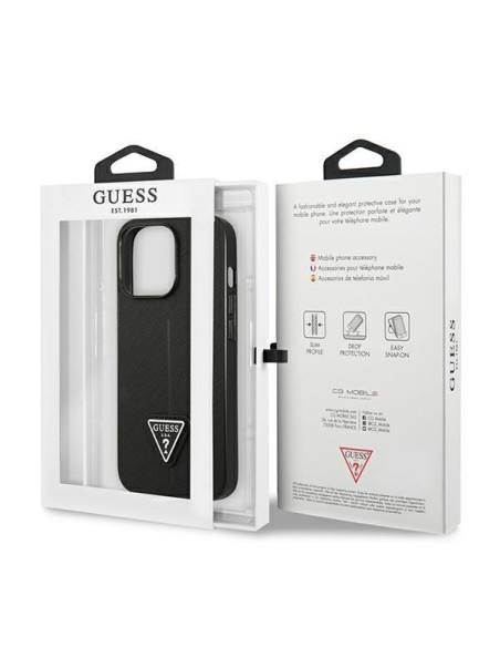 Guess Saffiano Triangle Logo dėklas, skirtas iPhone 14 Pro - juodas Guess Saffiano Triangle Logo dėklas, skirtas iPhone 14 Pro - juodas