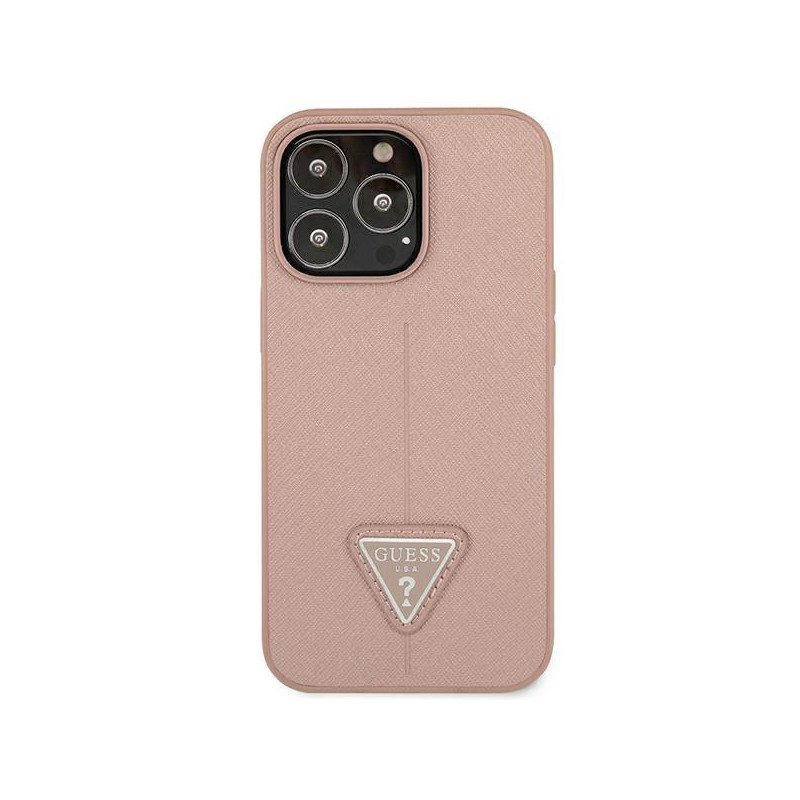 Guess Saffiano Triangle Logo dėklas, skirtas iPhone 14 Pro - rožinis