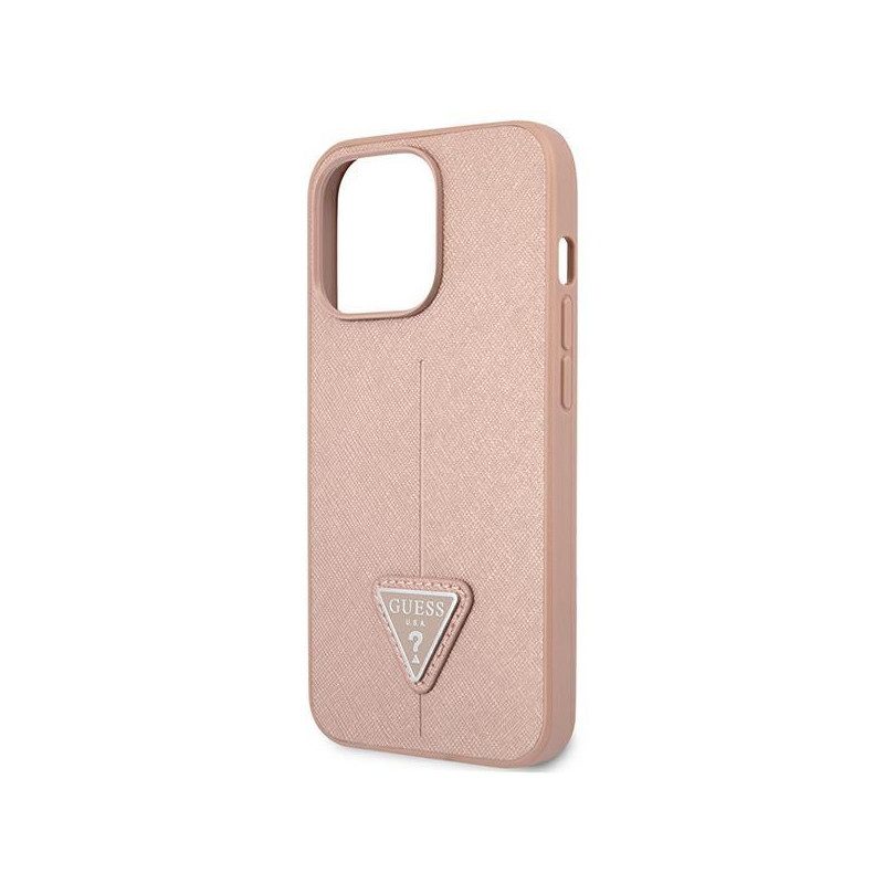 Guess Saffiano Triangle Logo dėklas, skirtas iPhone 14 Pro - rožinis