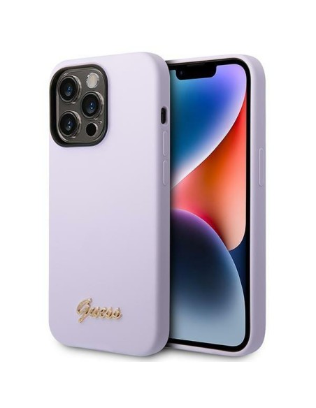 Guess Silicone Vintage Gold Logo dėklas, skirtas iPhone 14 Pro - violetinė