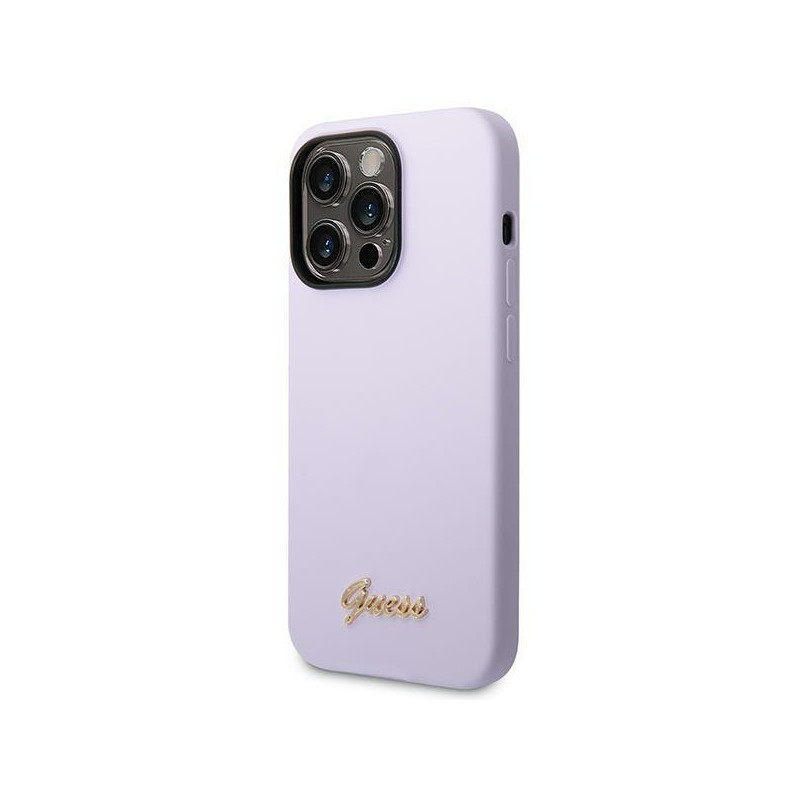 Guess Silicone Vintage Gold Logo dėklas, skirtas iPhone 14 Pro - violetinė
