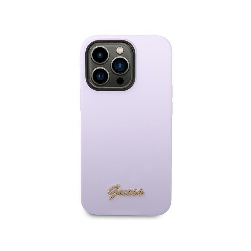 Guess Silicone Vintage Gold Logo dėklas, skirtas iPhone 14 Pro - violetinė