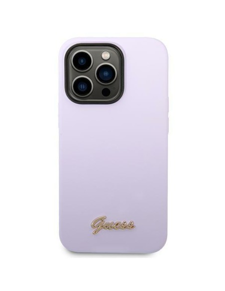 Guess Silicone Vintage Gold Logo dėklas, skirtas iPhone 14 Pro - violetinė