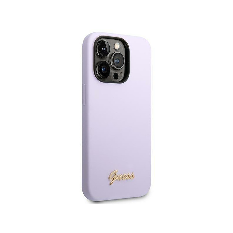 Guess Silicone Vintage Gold Logo dėklas, skirtas iPhone 14 Pro - violetinė