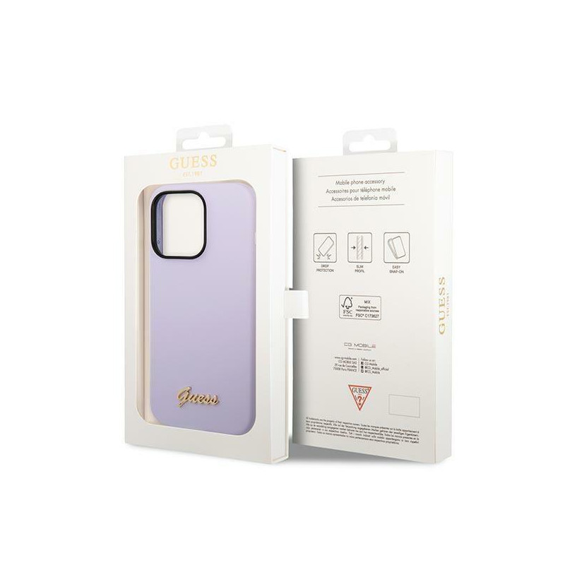 Guess Silicone Vintage Gold Logo dėklas, skirtas iPhone 14 Pro - violetinė