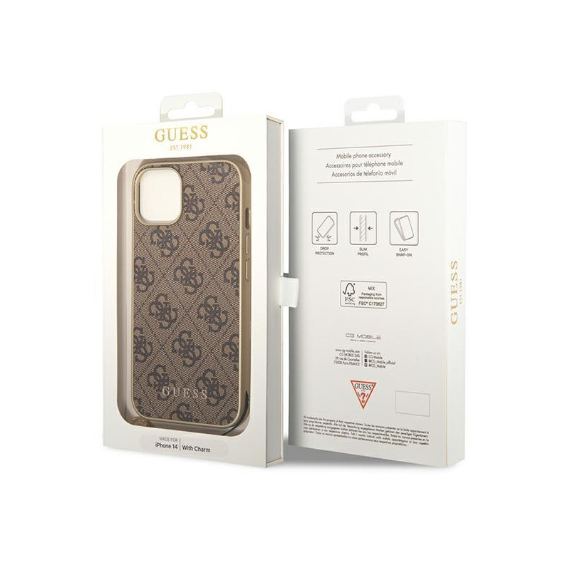 Guess 4G Charms Collection dėklas, skirtas iPhone 14 Plus - rudas