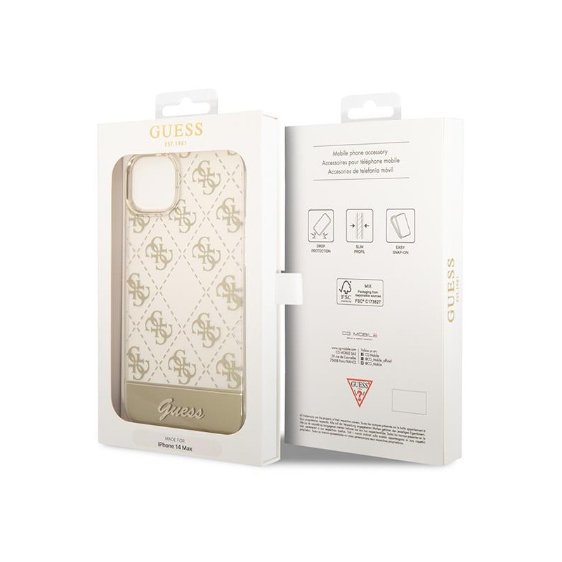 Guess 4G Pattern Script dėklas, skirtas iPhone 14 Plus - auksinis