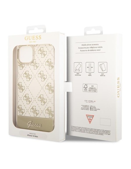 Guess 4G Pattern Script dėklas, skirtas iPhone 14 Plus - auksinis Guess 4G Pattern Script dėklas, skirtas iPhone 14 Plus - auksinis