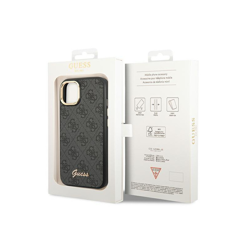 Guess 4G Vintage Gold Logo dėklas, skirtas iPhone 14 Plus - juodas