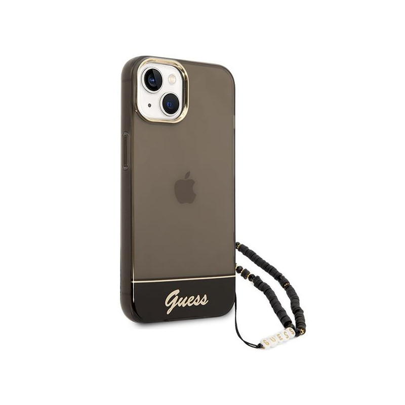 Guess Translucent Pearl Strap dėklas iPhone 14 Plus - juodas