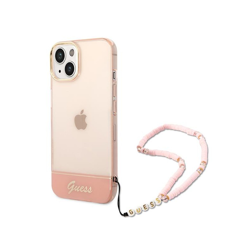 Guess Translucent Pearl Strap dėklas iPhone 14 Plus - rožinis Guess Translucent Pearl Strap dėklas iPhone 14 Plus - rožinis