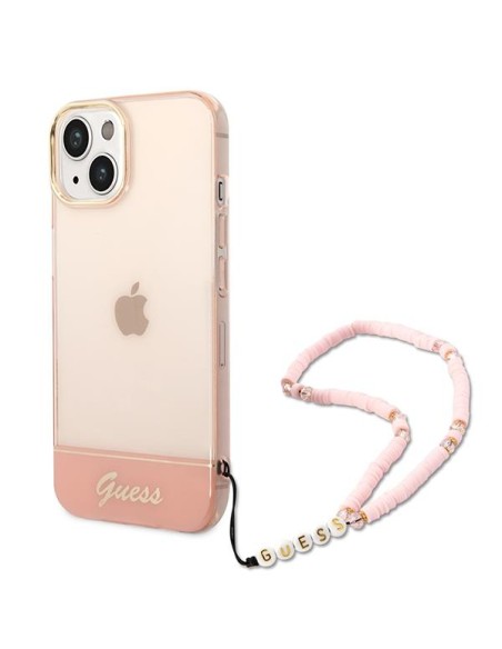 Guess Translucent Pearl Strap dėklas iPhone 14 Plus - rožinis