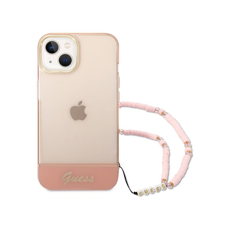 Guess Translucent Pearl Strap dėklas iPhone 14 Plus - rožinis