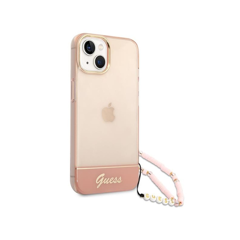 Guess Translucent Pearl Strap dėklas iPhone 14 Plus - rožinis
