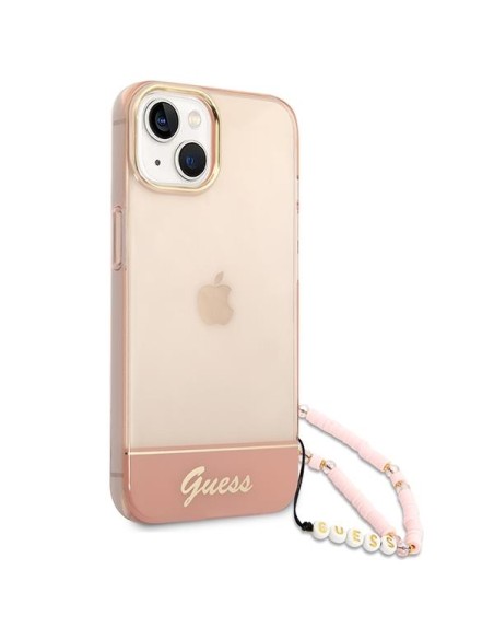 Guess Translucent Pearl Strap dėklas iPhone 14 Plus - rožinis