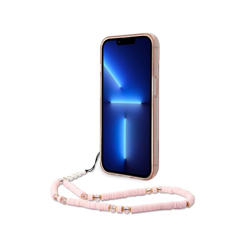 Guess Translucent Pearl Strap dėklas iPhone 14 Plus - rožinis