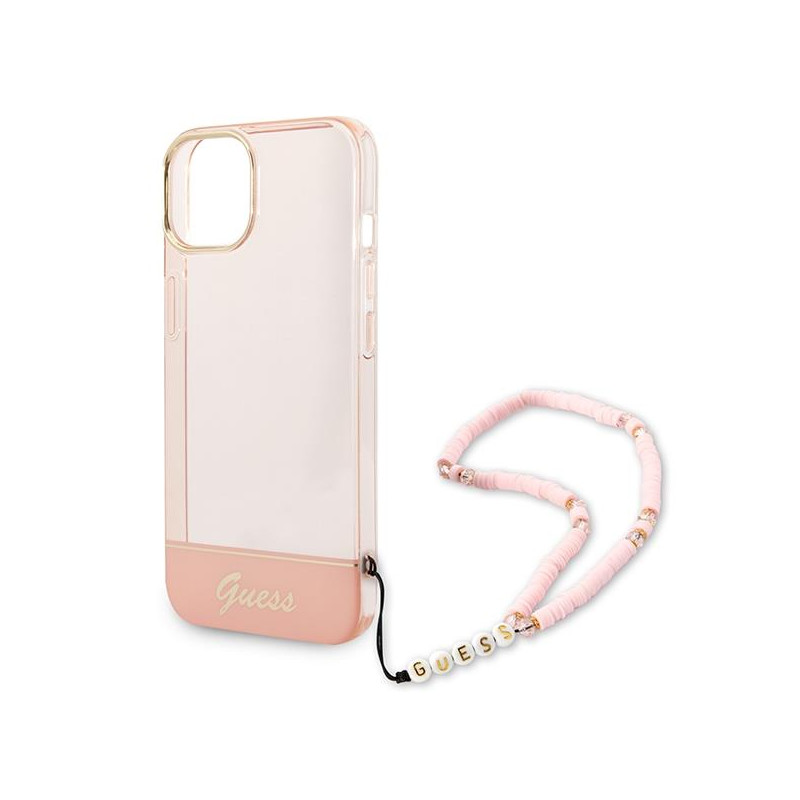 Guess Translucent Pearl Strap dėklas iPhone 14 Plus - rožinis