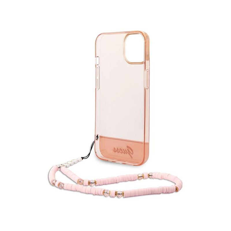 Guess Translucent Pearl Strap dėklas iPhone 14 Plus - rožinis