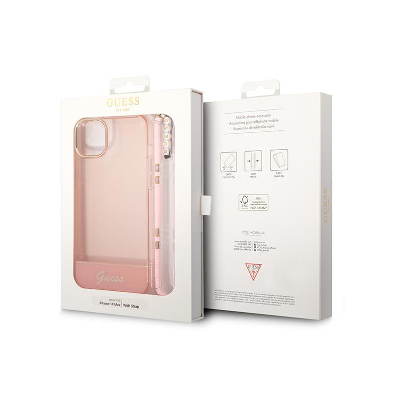 Guess Translucent Pearl Strap dėklas iPhone 14 Plus - rožinis
