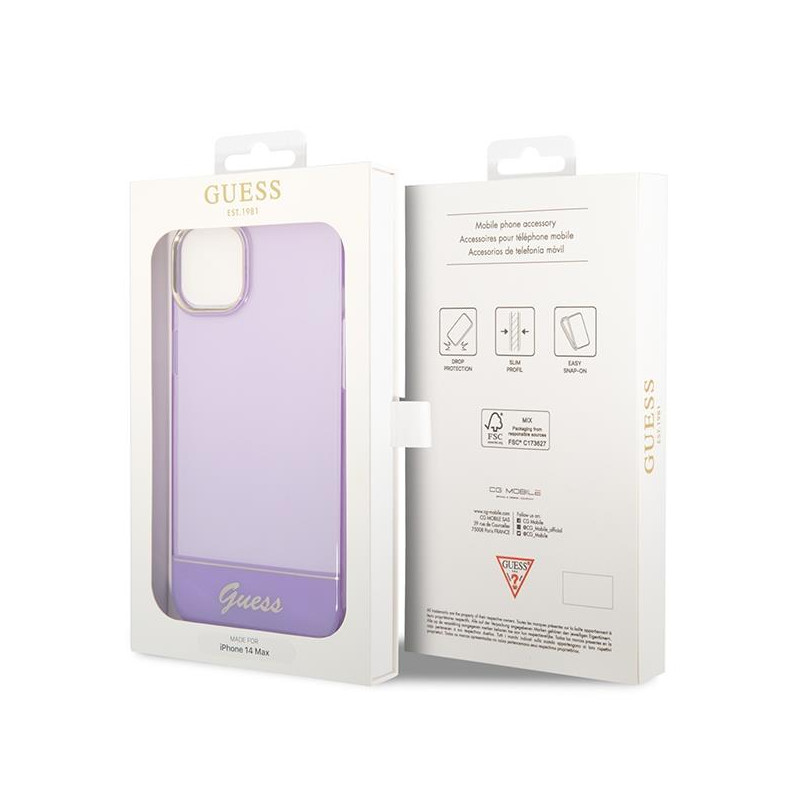 Guess Permatomas dėklas iPhone 14 Plus - violetinis