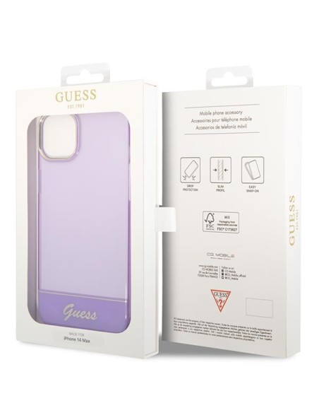 Guess Permatomas dėklas iPhone 14 Plus - violetinis