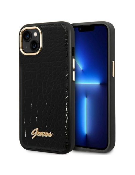 Guess iPhone 14 Plus 6,7 colio juodas / juodas kietas dėklas Croco Collection