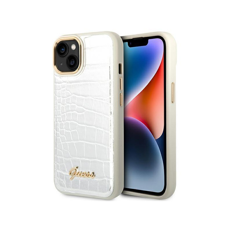 Guess Croco Collection dėklas iPhone 14 Plus - sidabrinis