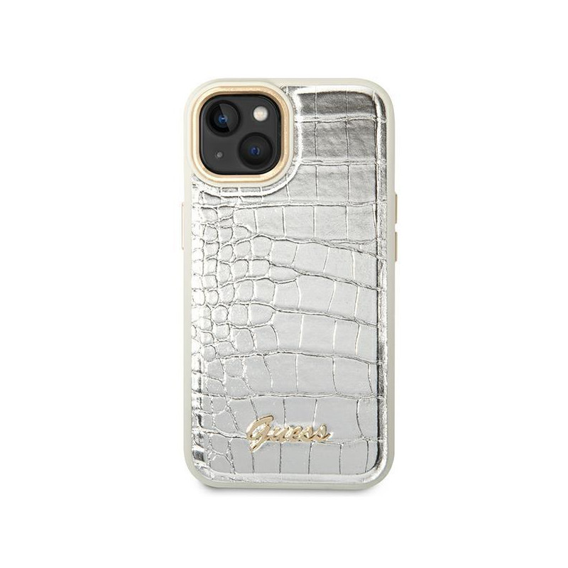 Guess Croco Collection dėklas iPhone 14 Plus - sidabrinis