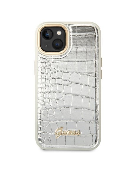Guess Croco Collection dėklas iPhone 14 Plus - sidabrinis
