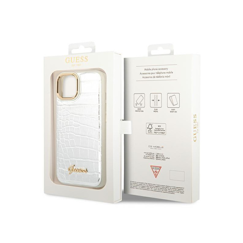 Guess Croco Collection dėklas iPhone 14 Plus - sidabrinis