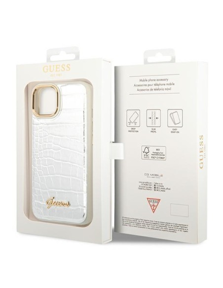 Guess Croco Collection dėklas iPhone 14 Plus - sidabrinis