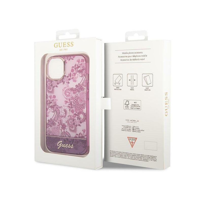 Guess Porcelain Collection dėklas, skirtas iPhone 14 Plus - fuksijos spalvos