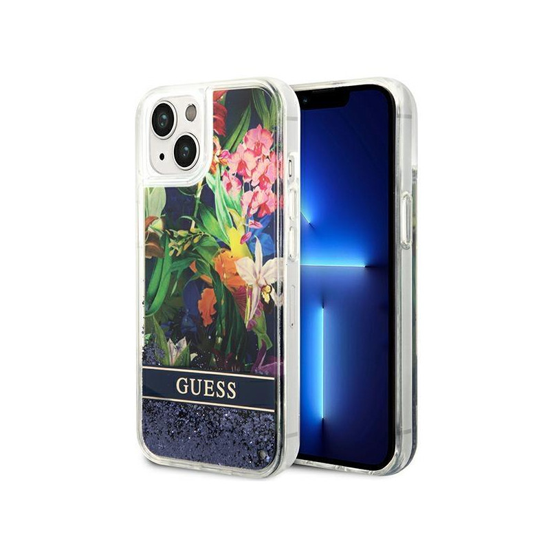Guess Flower Liquid Glitter dėklas iPhone 14 Plus - mėlynas Guess Flower Liquid Glitter dėklas iPhone 14 Plus - mėlynas