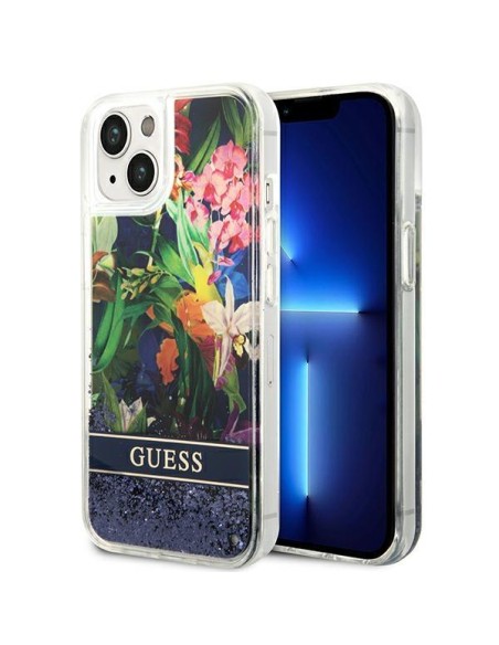 Guess Flower Liquid Glitter dėklas iPhone 14 Plus - mėlynas Guess Flower Liquid Glitter dėklas iPhone 14 Plus - mėlynas