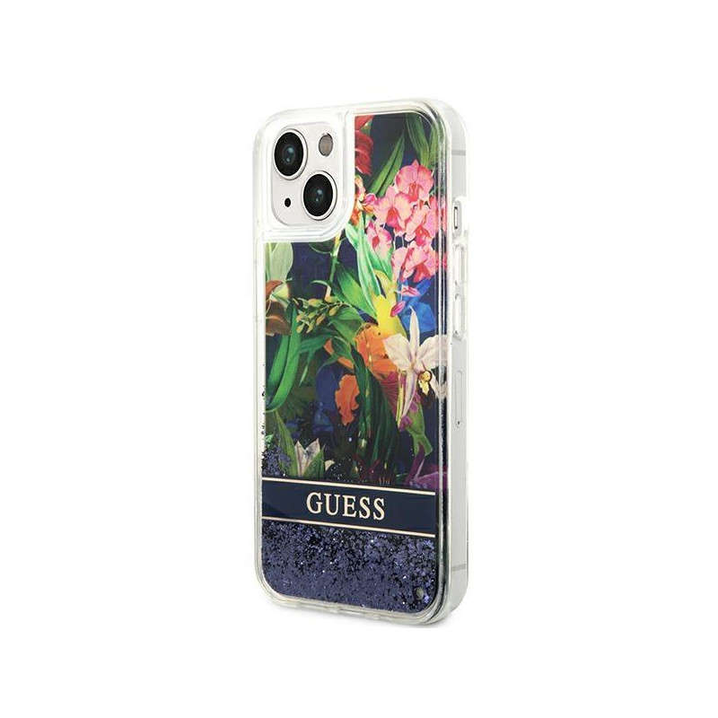 Guess Flower Liquid Glitter dėklas iPhone 14 Plus - mėlynas