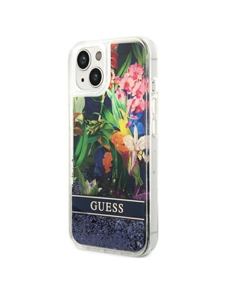 Guess Flower Liquid Glitter dėklas iPhone 14 Plus - mėlynas Guess Flower Liquid Glitter dėklas iPhone 14 Plus - mėlynas