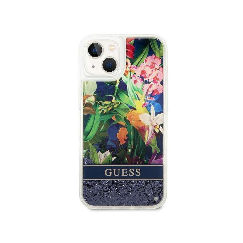 Guess Flower Liquid Glitter dėklas iPhone 14 Plus - mėlynas