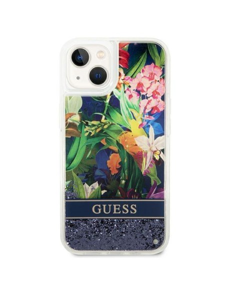 Guess Flower Liquid Glitter dėklas iPhone 14 Plus - mėlynas Guess Flower Liquid Glitter dėklas iPhone 14 Plus - mėlynas
