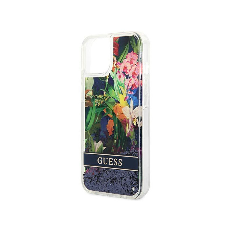 Guess Flower Liquid Glitter dėklas iPhone 14 Plus - mėlynas