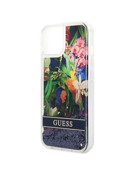 Guess Flower Liquid Glitter dėklas iPhone 14 Plus - mėlynas Guess Flower Liquid Glitter dėklas iPhone 14 Plus - mėlynas