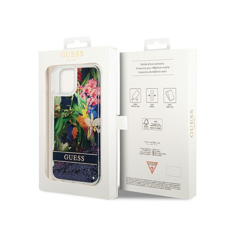 Guess Flower Liquid Glitter dėklas iPhone 14 Plus - mėlynas