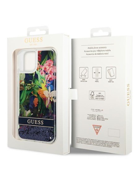 Guess Flower Liquid Glitter dėklas iPhone 14 Plus - mėlynas Guess Flower Liquid Glitter dėklas iPhone 14 Plus - mėlynas