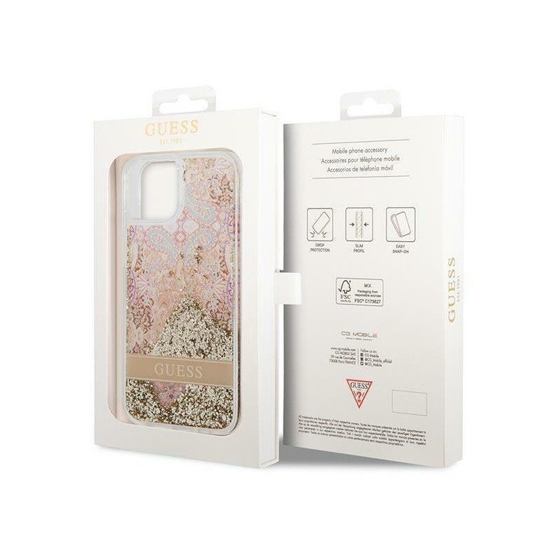 Guess Paisley Liquid Glitter dėklas iPhone 14 Plus - auksinis