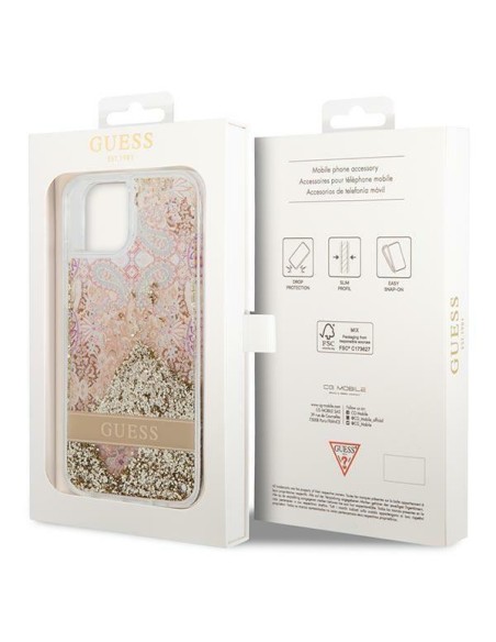 Guess Paisley Liquid Glitter dėklas iPhone 14 Plus - auksinis Guess Paisley Liquid Glitter dėklas iPhone 14 Plus - auksinis