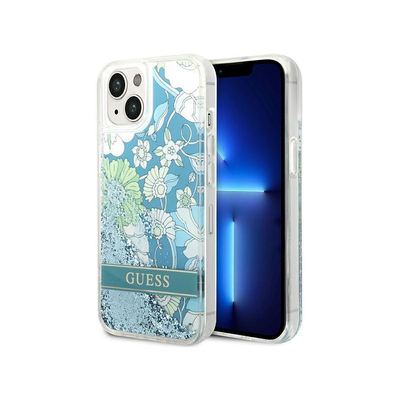 Guess Flower Liquid Glitter dėklas iPhone 14 Plus - žalias Guess Flower Liquid Glitter dėklas iPhone 14 Plus - žalias